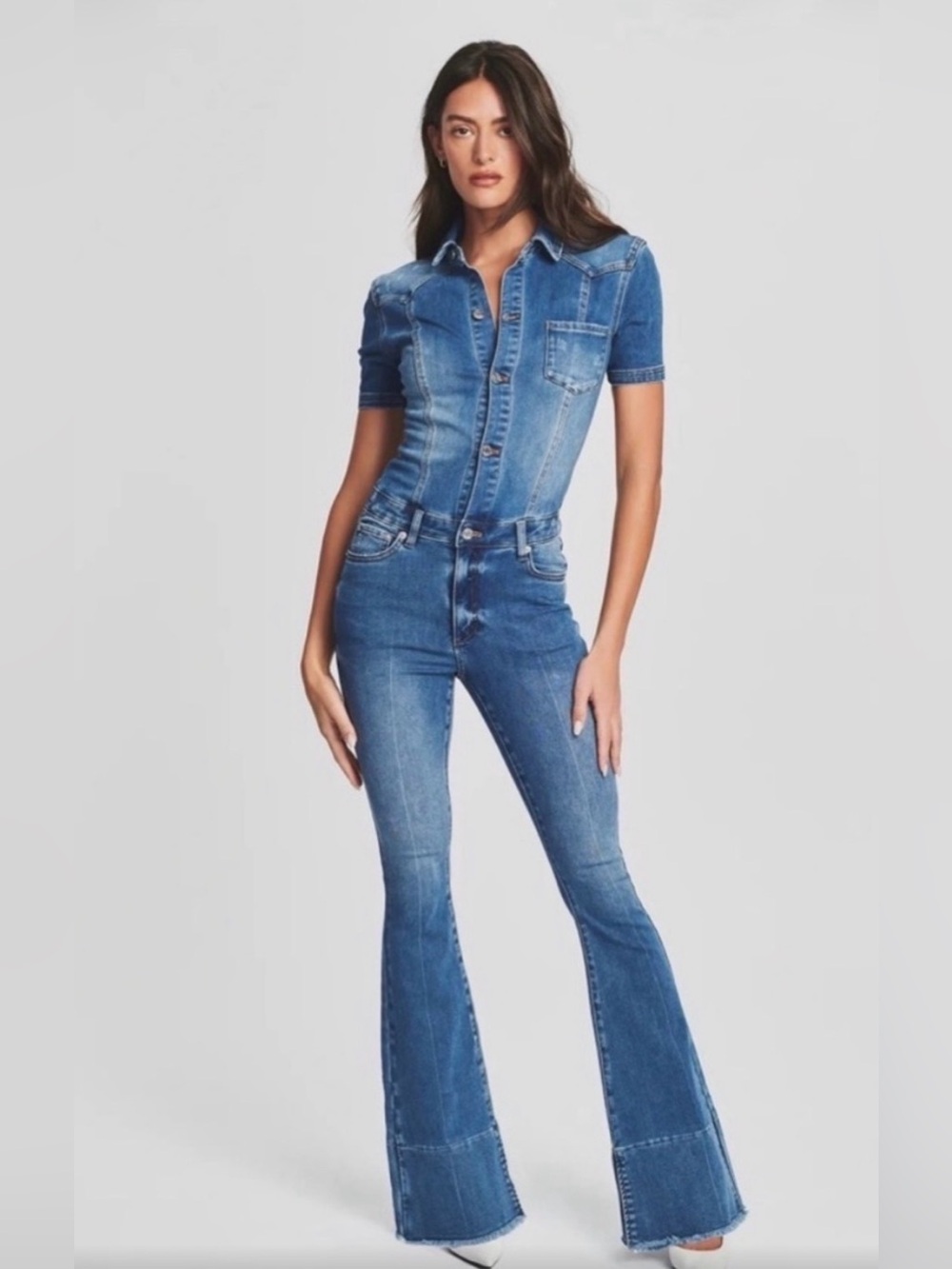 NWT SER.O.YA Blue Denim Short-Sleeve Jumpsuit with Flared Legs XS